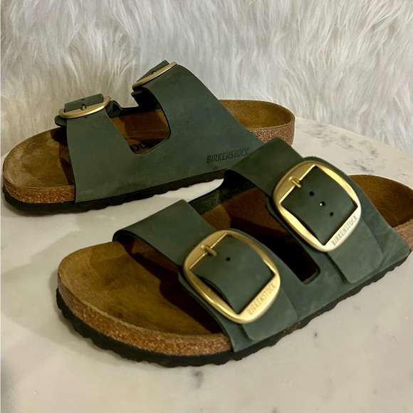 Birkenstock Arizona Big Buckle Nubuck Leather Sandals in Thyme - Picture 2 of 4
